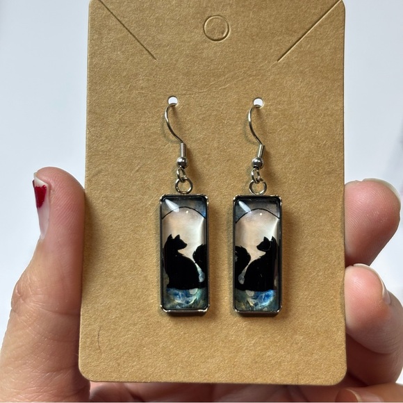 Simple Cat Silhouette on Moon Women’s Dangle Fashion Earrings, Gift for Cat Mom - Picture 1 of 4
